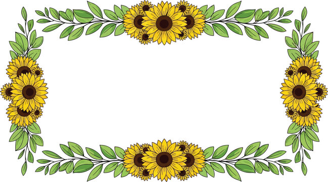 A beautiful floral border of sunflowers and green leaves on a white background