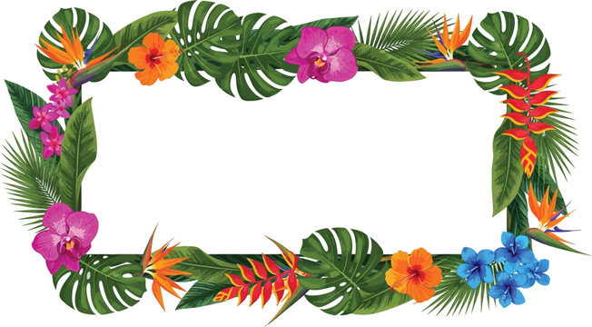 A vibrant floral border frame with tropical leaves and colorful flowers on a white background