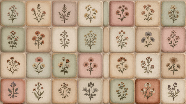 Seamless patchwork tile pattern featuring warm pastel squares with elegant floral motifs and delicate stars for vintage romantic wallpapers and cozy textile design.