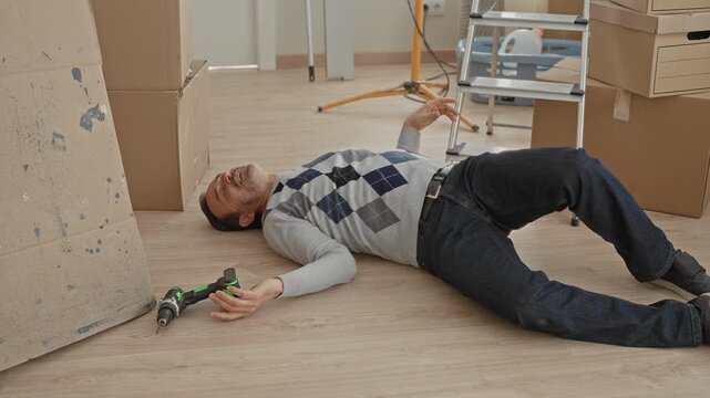 Man lying unconscious on floor with hand near cordless drill beside stacked cardboard boxes and ladder in building interior new home moving scene; accident.