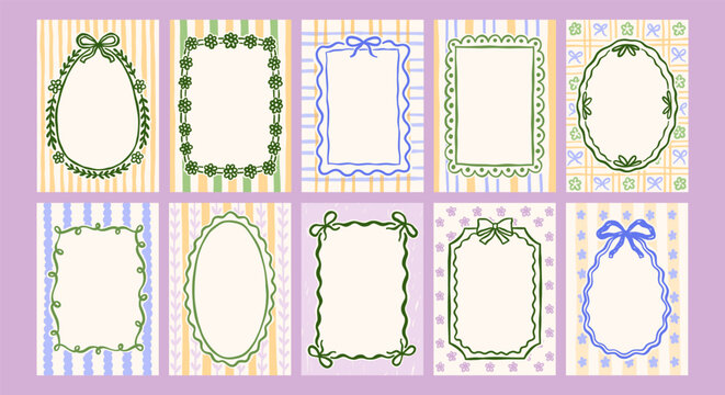 Cottagecore spring Easter whimsical vintage vector frames set. Decorative floral elegant retro coquette bows romantic backgrounds