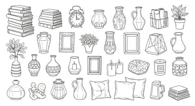Collection of Hand-Drawn Vases and Decorative Objects.