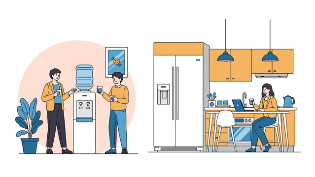 Office employees taking a break while talking by a water cooler and a woman working in a modern office kitchen area on her laptop.