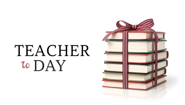 A stack of books tied with a ribbon and labeled as a gift for Teacher Day