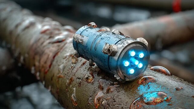 Inspection Technology: Close-up of a high-tech robotic device used for inspecting the interior of pipelines, highlighting its advanced capabilities and intricate design.