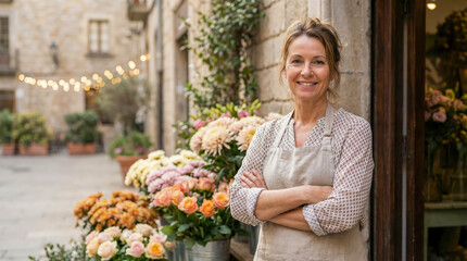 Fototapeta premium Florist standing confidently outside a charming flower shop, surrounded by vibrant blooms and greenery, showcasing passion for floral artistry and customer service