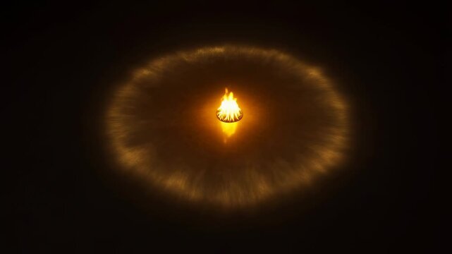 Glowing flame surrounded by a circular halo of light. Represents warmth, energy, and the essence of fire in a dark environment