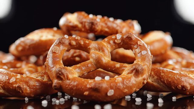 Deliciously Salty Pretzels Stacked High with Coarse Salt Sprinkled.