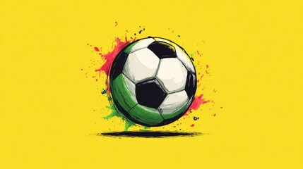 Naklejka premium Illustration of a soccer ball with black and white panels, surrounded by colorful splashes on a bright yellow background, emphasizing sports and playfulness