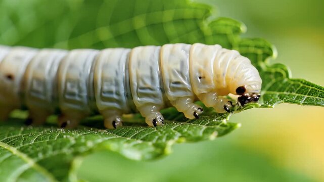 Closeup Macro Shot of a Silkworm Caterpillar Crawling on a Green Leaf.