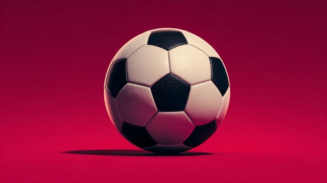 Classic black and white soccer ball positioned on a vibrant red background, showcasing its distinct pentagonal and hexagonal panel design and textured surface