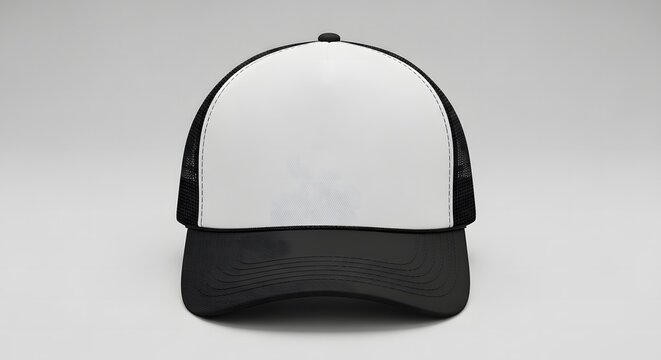 Front view of a blank white and black trucker hat with a mesh back and a flat brim positioned centrally on a light gray