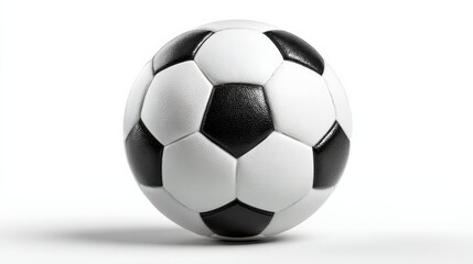 Naklejka premium Classic black and white soccer ball positioned on a clean white background, showcasing its traditional hexagonal and pentagonal panel design and textured surface