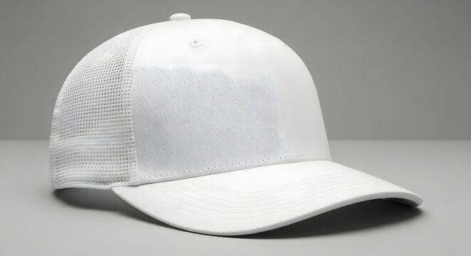 Plain white trucker hat with mesh back and solid front panel on a grey background baseball cap headwear