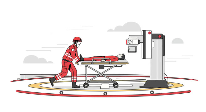 Paramedic with Patient on Stretcher near Medical Imaging Machine on Helipad