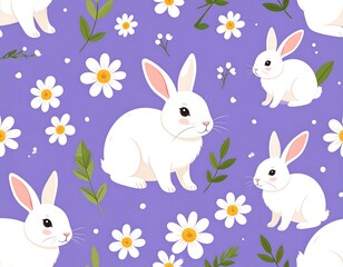 Fototapeta premium Adorable White Bunnies and Daisies on a Purple Background.