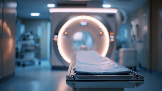 Medium shot of a pediatricfriendly MRI gantry with soft ambient lighting highlighting the patient table background equipment blurred for a calm medical environment.