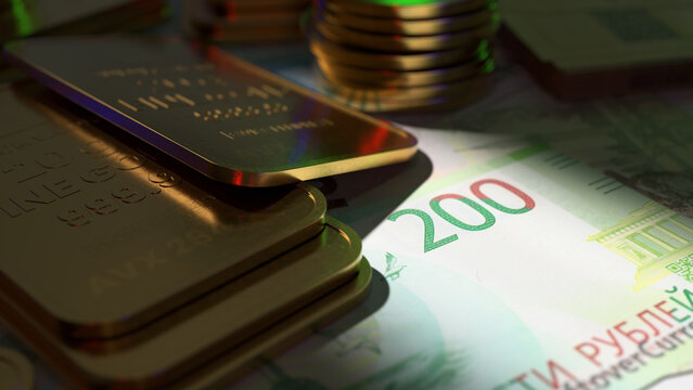 Gold Bars And Coins With The Banknote Of Russia