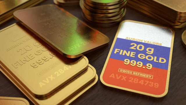 Gold Bars And Coins With The Flag Of Russia