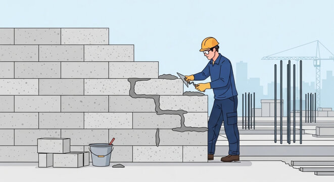 Construction Worker Building a Masonry Wall Illustration