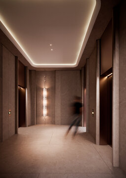 Luxury elevator lobby interior with copy space. Modern real estate marketing background. 3d illustration