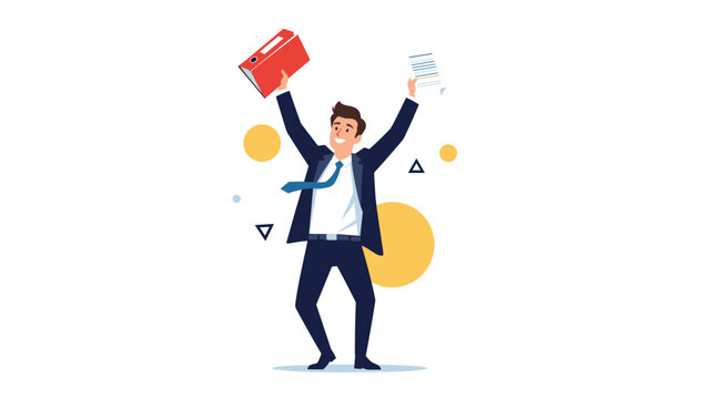 Happy businessman in suit celebrating a professional success by raising a red folder and document in the air.