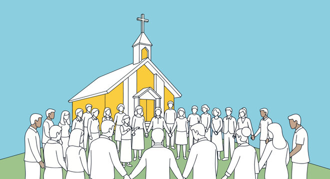 People standing outside a church building.