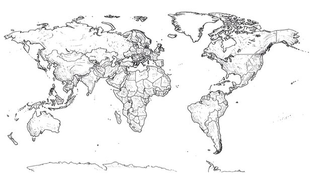 Detailed World Map Outline Depicting Global Geographical Boundaries.