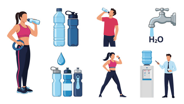 Collection of people drinking water from bottles and coolers to stay hydrated during sports and office work on white.
