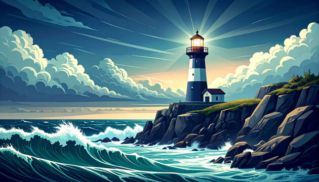 光線を放つ灯台と荒れた海のイラスト
