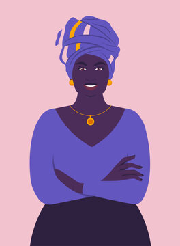 Modern flat vector portrait of a confident Black woman smiling with her arms crossed. She wears traditional headwrap, on a pink background. Female empowerment, cultural heritage, diversity