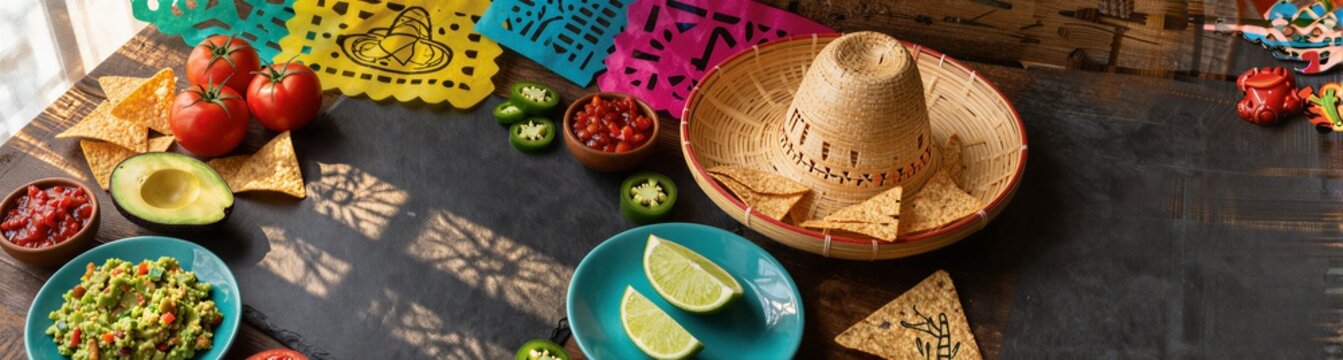Mexican snack spread with sombrero and lime on rustic table