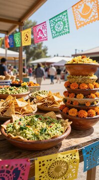 Outdoor market food display with bowls of guacamole and chips