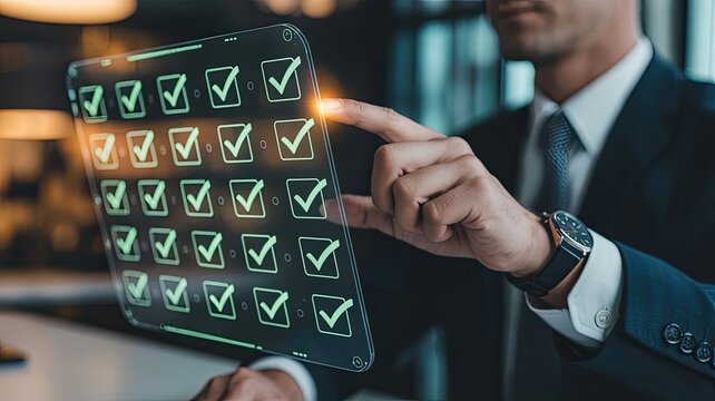 Professional using digital tablet displaying checklist with multiple green verification marks in modern office setting