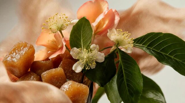 Ugadi Pachadi ingredients. Jaggery cubes and neem flowers held in hand. Traditional Indian festival ritual