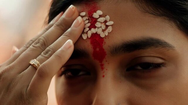 Close-up of a hand applying rice grains to a red tilak on a person's forehead. Traditional Indian Hindu ritual ceremony. Cultural and spiritual significance