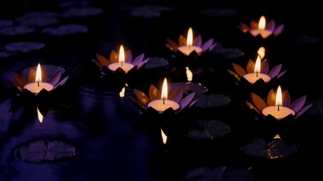 Floating lotus candles burning on dark water with purple light. Flickering flames create reflections and ripples. Meditation and spirituality concept