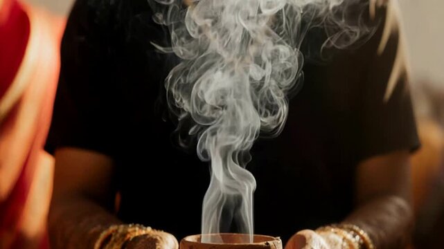 Close-up of hands with henna holding a smoking earthen dhunuchi pot. Traditional Indian ritual during Durga Puja festival