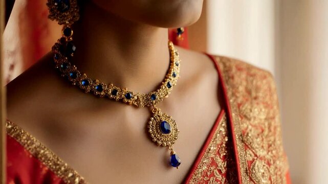Close-up of a gold necklace with blue stones on an Indian bride. Traditional red saree with embroidery for Karva Chauth. Bridal jewelry and fashion