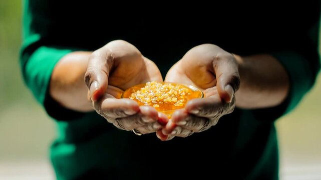 Close-up of hands holding a glass dish with golden religious offerings. Traditional prasad for Guru Nanak Jayanti celebration. Sacred food offering in cupped hands
