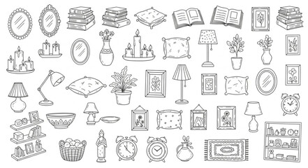 Collection of various home decor items in a sketch style. © Putra