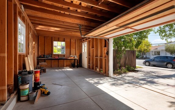 Detached Garage Conversion Into Living Space with Exposed Beams and Natural Light