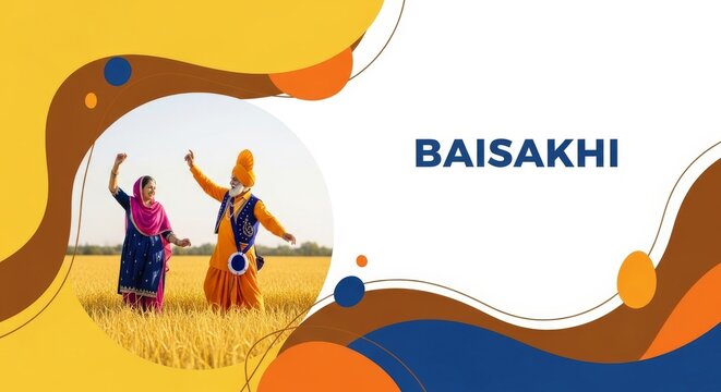 Sikh couple in traditional attire dancing joyfully in a golden wheat field with clear skies. Indian farmers celebrating harvest festival in rural Punjab.