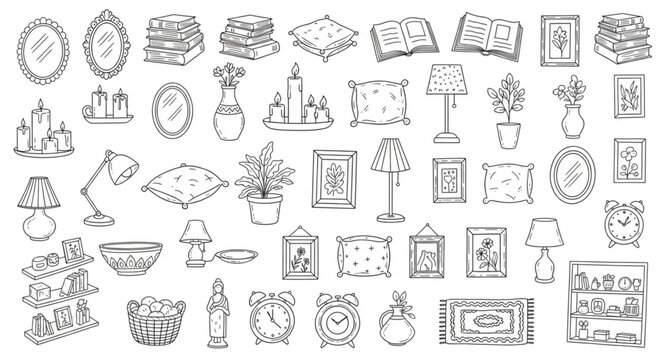 Collection of various home decor items in a sketch style.