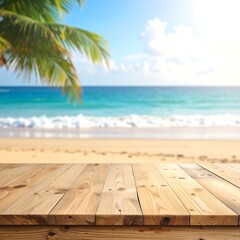 Fototapeta premium A serene beach scene with a wooden deck and palm tree