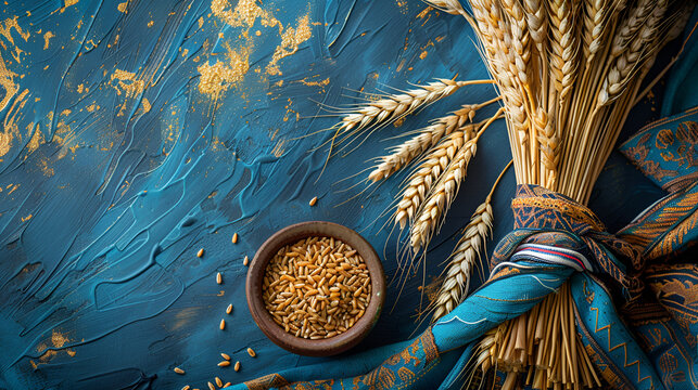 Flat lay of golden wheat stalks and grain bowl on blue wood for harvest festival
