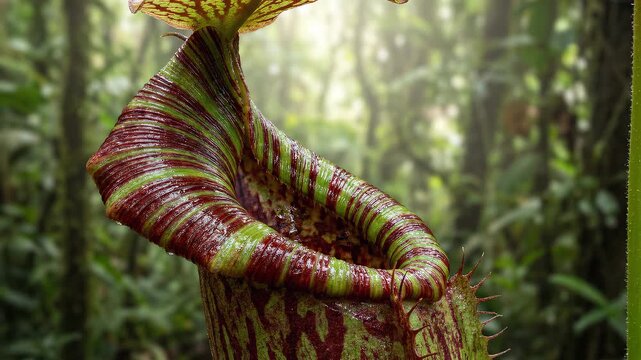 Close-up of a vibrant tropical pitcher plant in the rainforest.