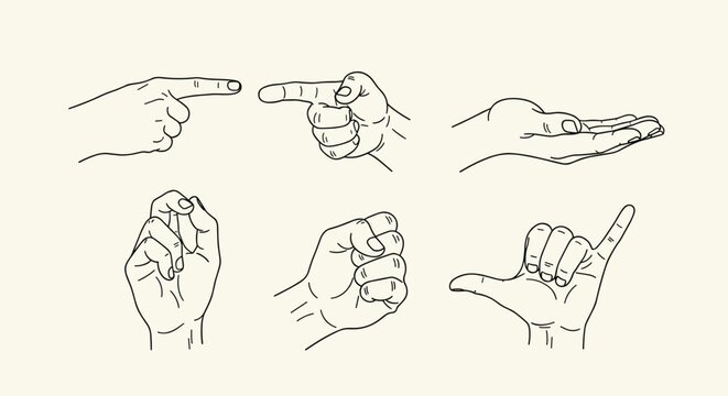 Selection of six different hand gesture line drawings including pointing, an open palm, a fist, and the shaka sign for communication concepts.