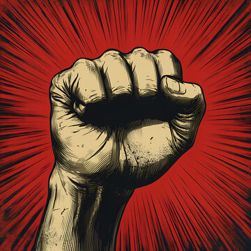 Strong raised fist illustration with red sunburst background for human rights and social justice
