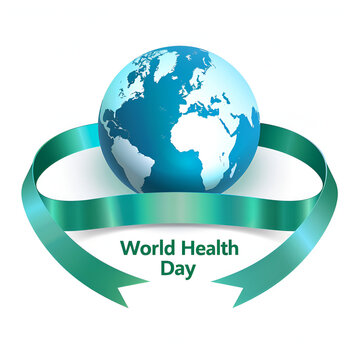 World health day concept with blue earth globe and elegant green ribbon banner